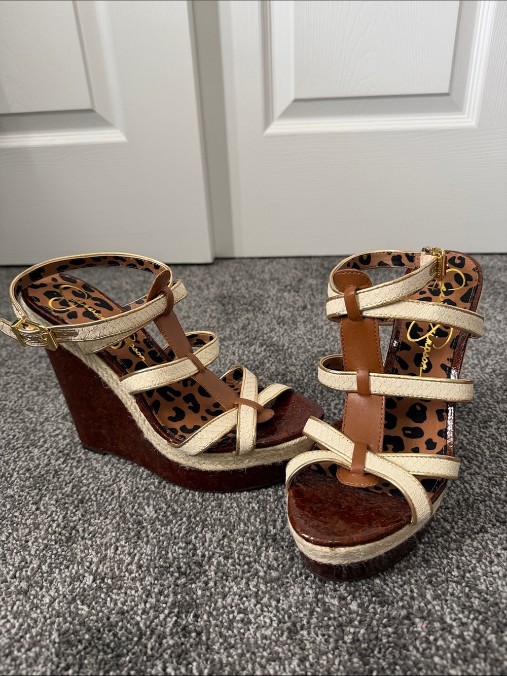 Jessica Simpson Gold Strappy Wedge Sandals with Brown Platform-Ginny